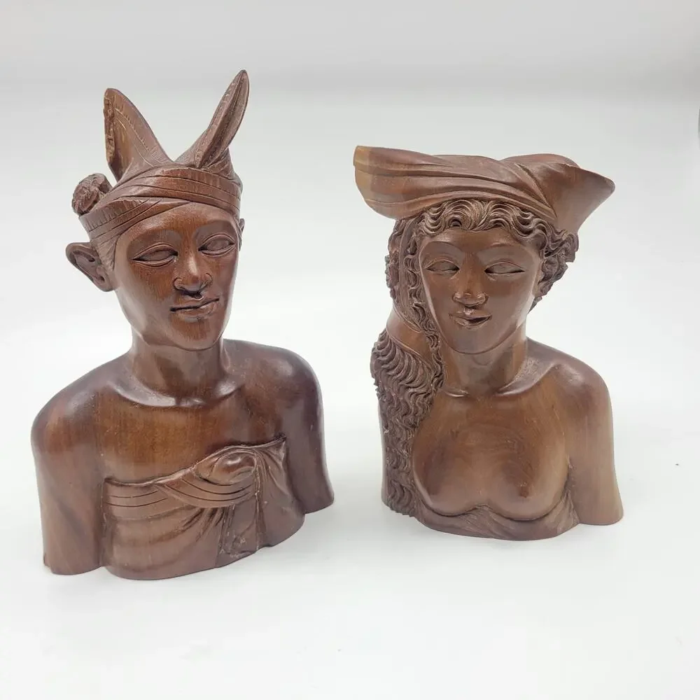 Vintage Bali Solid Carved Wooden Bust of a Young Man